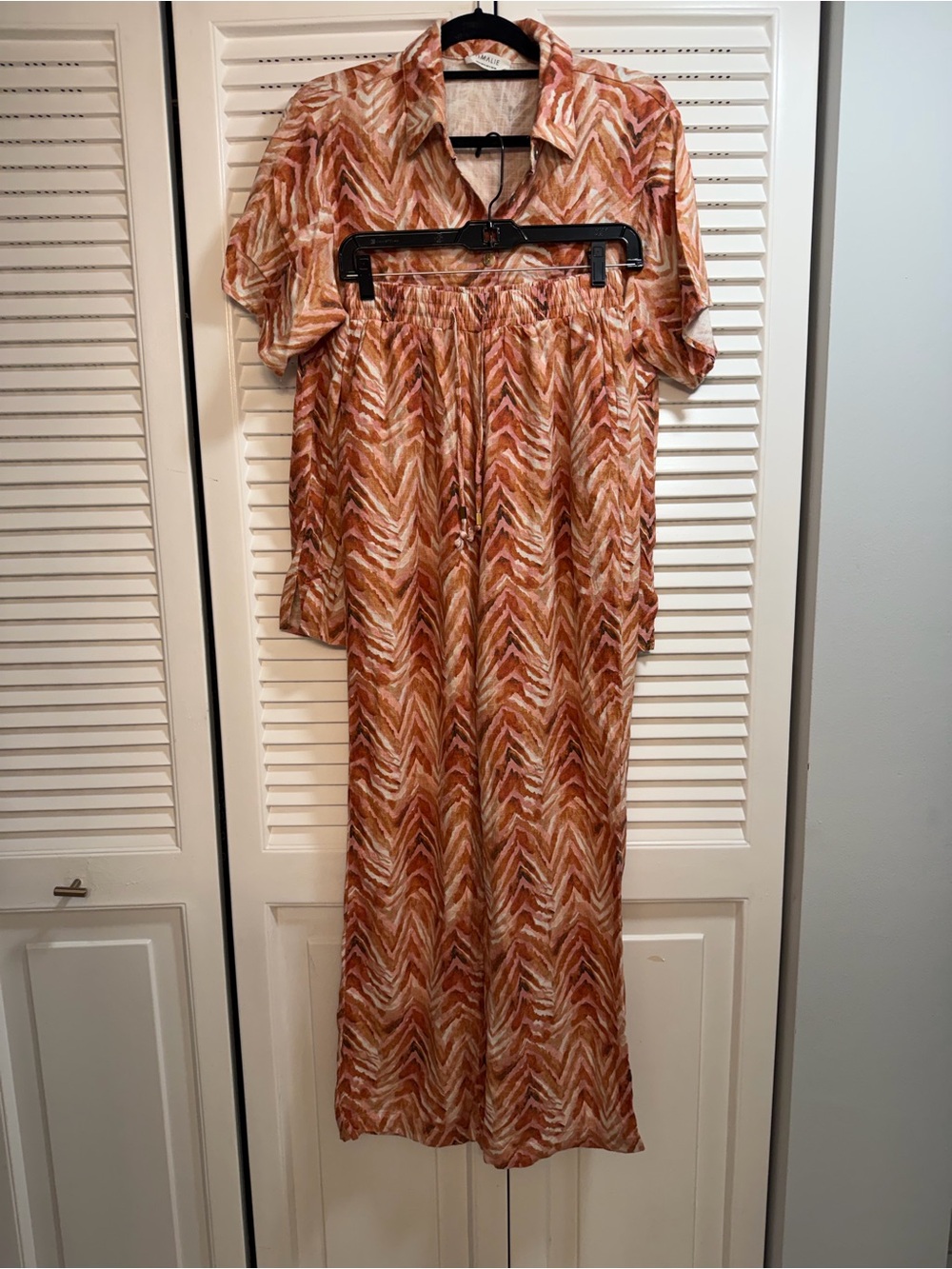 AMALIE THE LABEL Rust Chevron-Button-Up Blouse With Matching Drawstring Pant.
